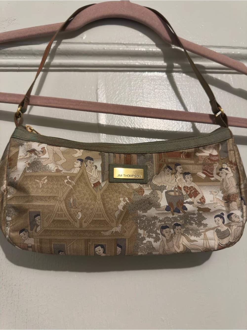 Jim Thompson Beige Printed Thai Silk Shoulder Bag. Like New. 101/2” L x 41/2” H.